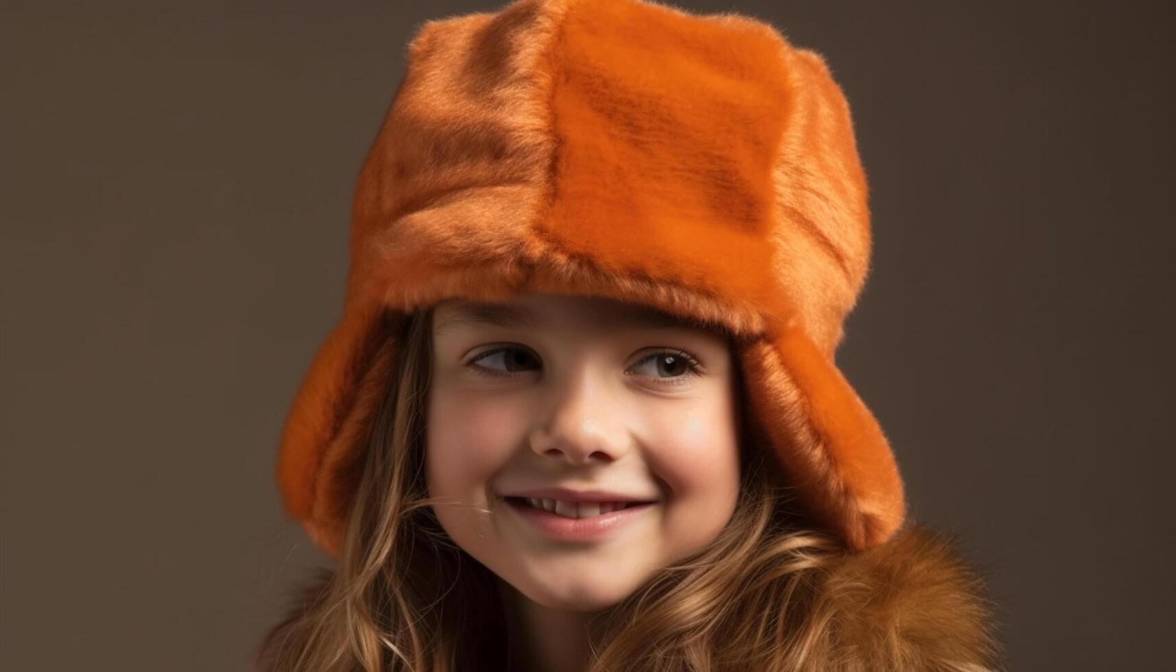 linda rubio niña sonriente en calentar invierno ropa generado por ai foto