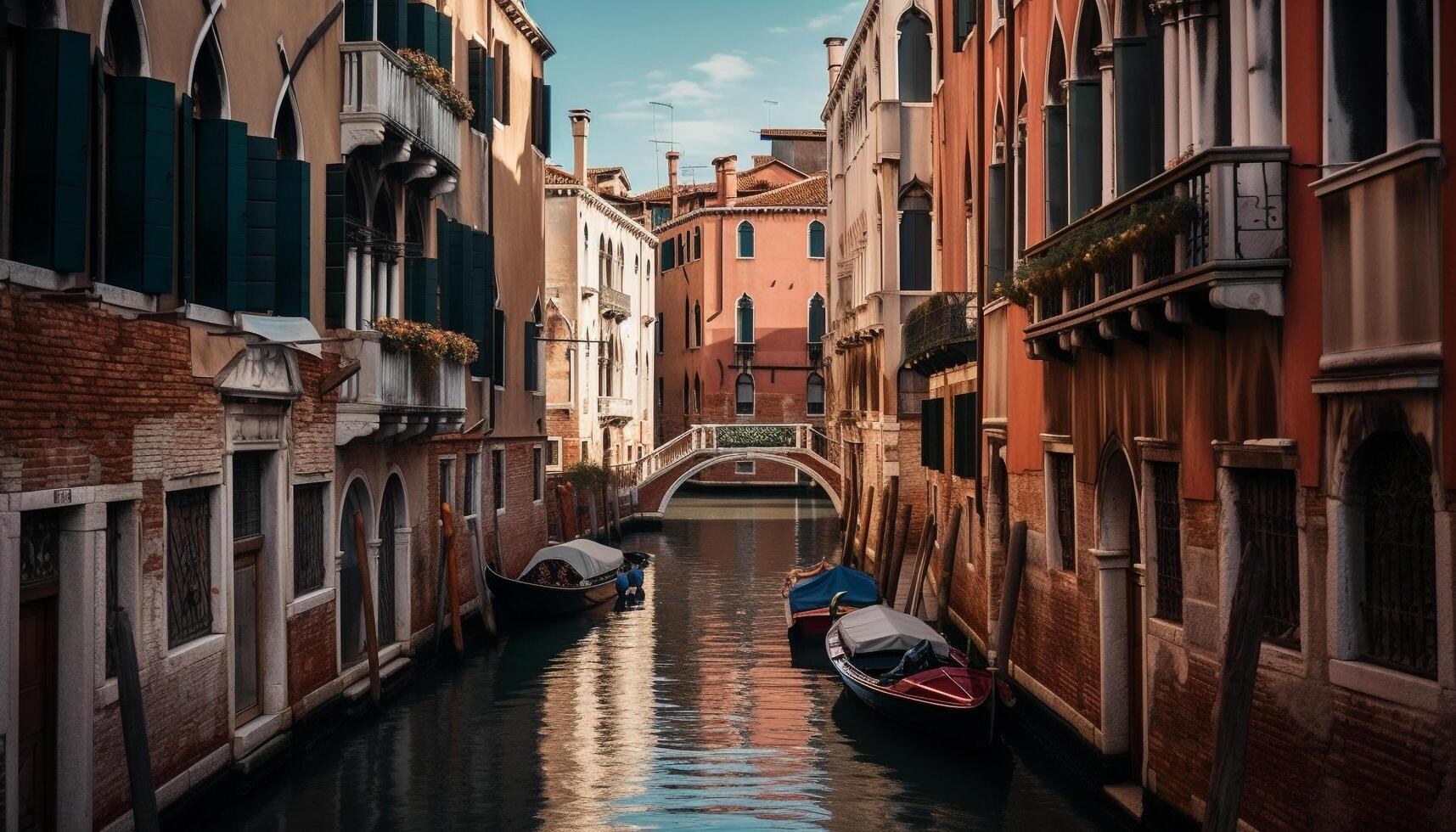 Gondola glides through Venetian canals at dusk generated by AI photo
