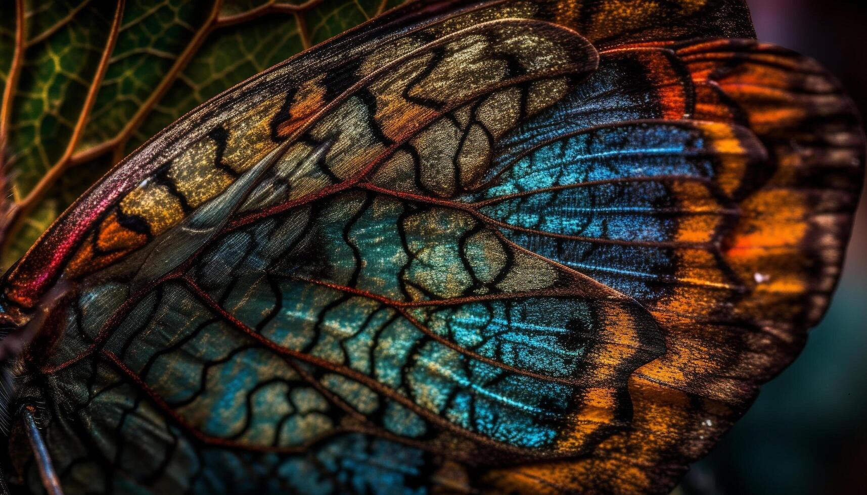 Vibrant multi colored butterfly wing in macro magnification generated by AI photo