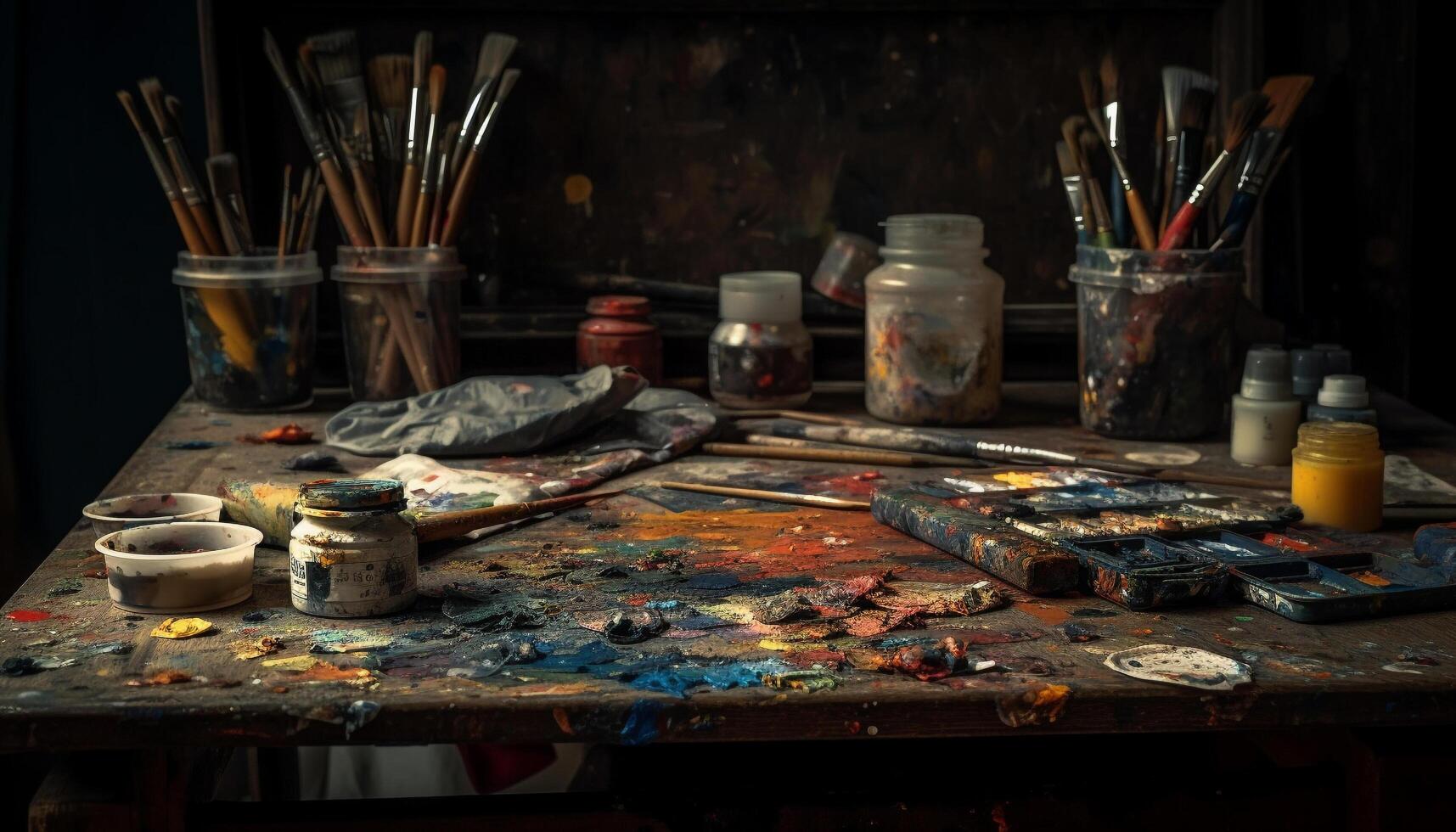 Vibrant colors highlight messy artist workshop chaos generated by AI photo