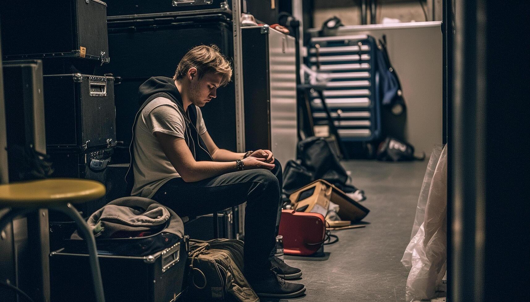 Young adult sitting, waiting for transportation confidently generated by AI photo