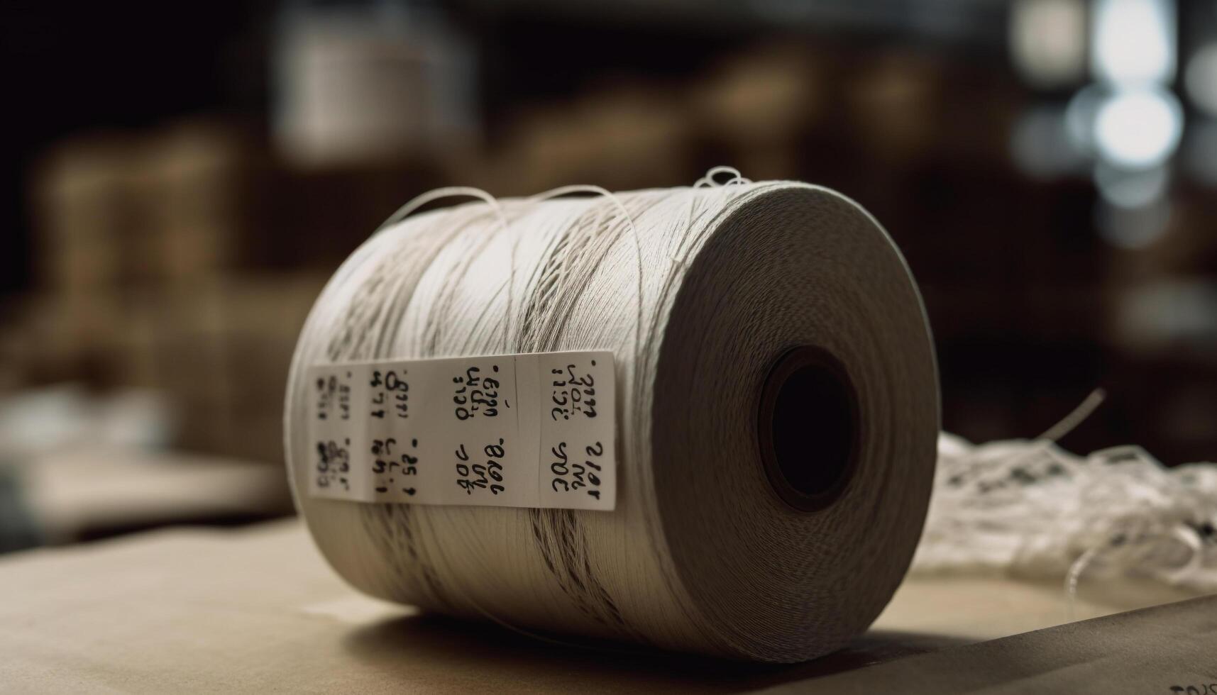 Textile industry machinery spools thread on table generated by AI photo