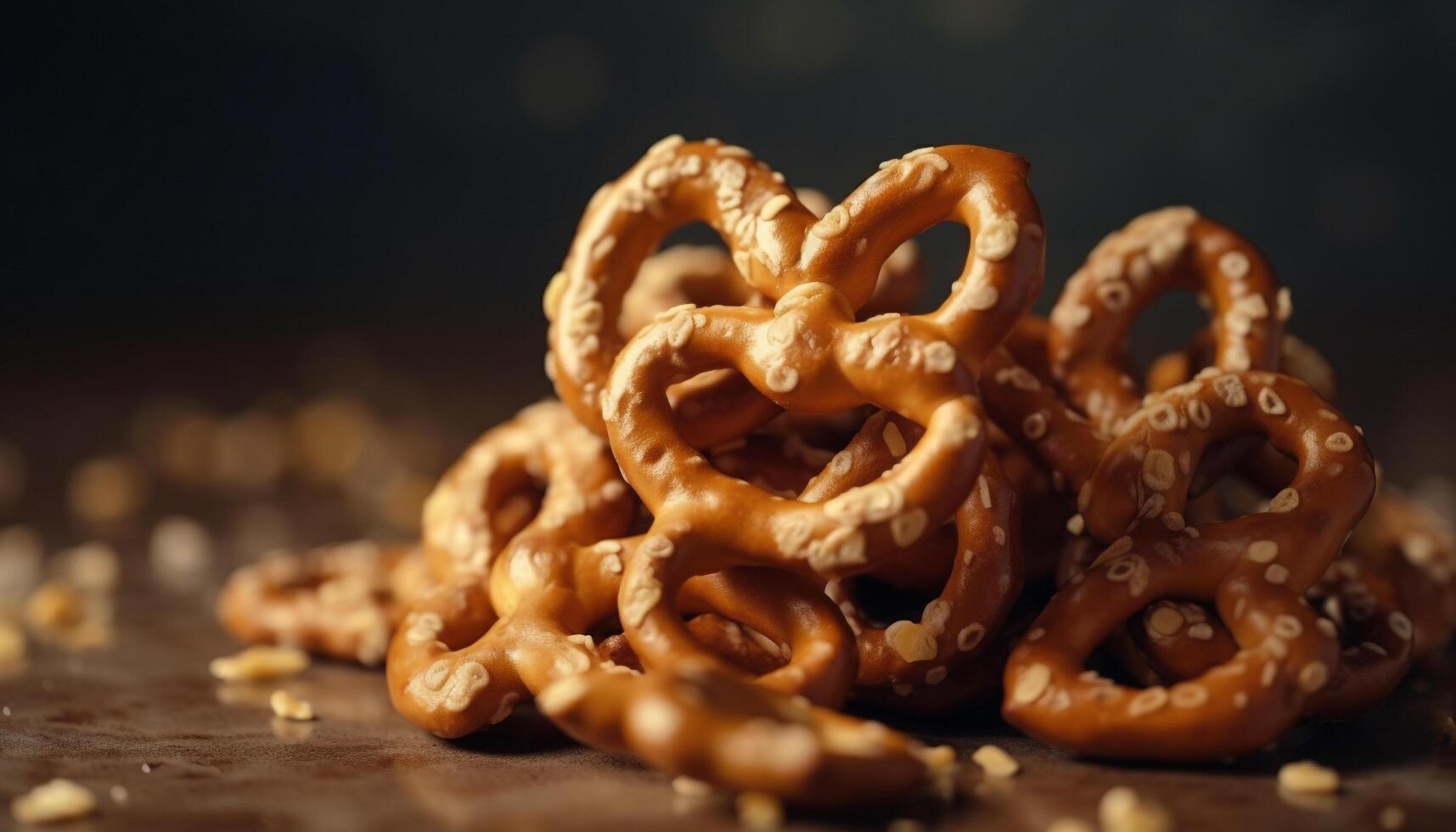 Crunchy gourmet pretzel stacked high with salt generated by AI photo