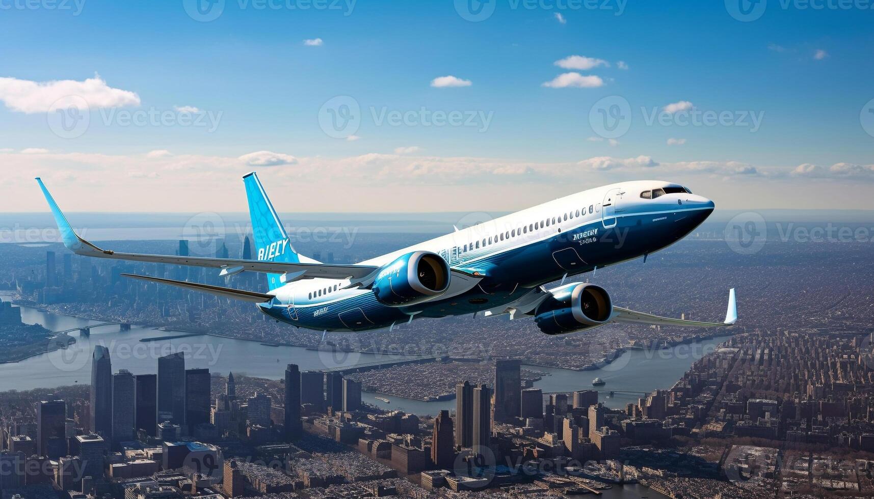 Commercial airplane soaring above modern urban skyline generated by AI photo