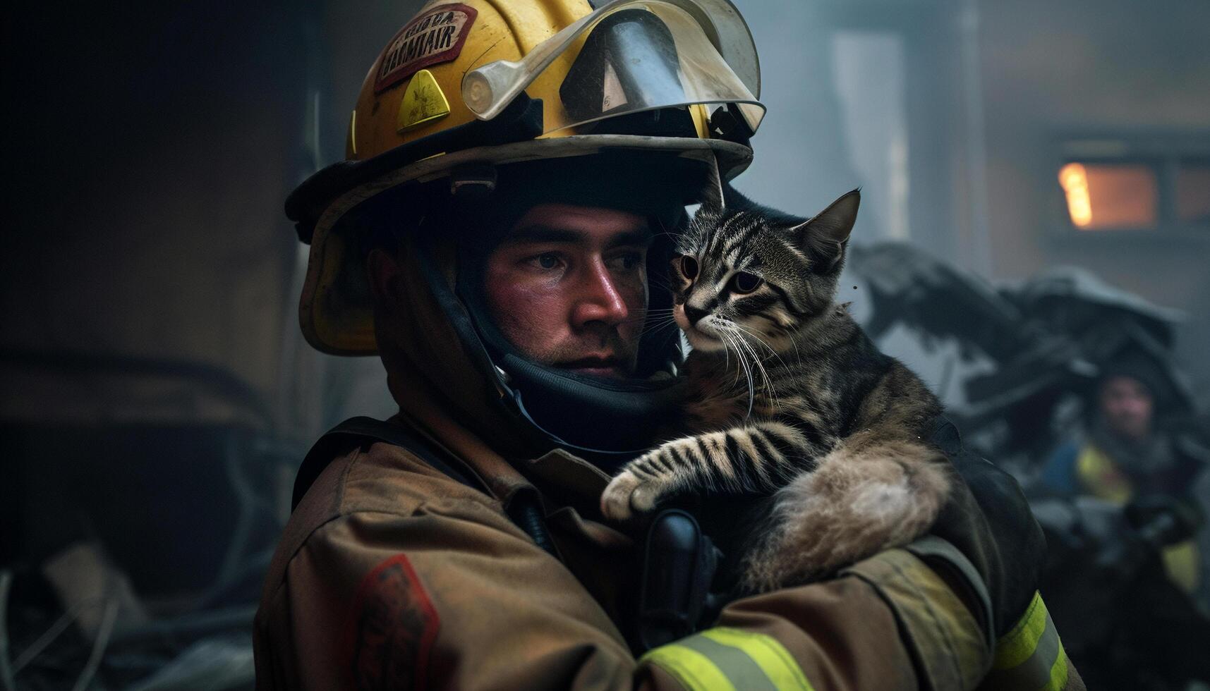 uno adulto bombero salvado gato desde llamas generado por ai foto