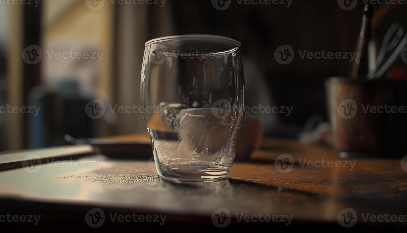 Wooden desk, single glass, ice, whiskey pouring generated by AI photo