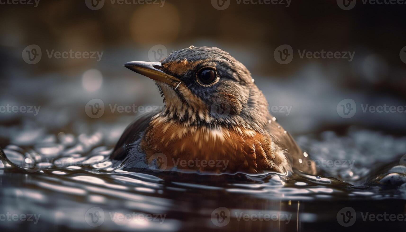 Wet duck looking at camera on branch generated by AI photo