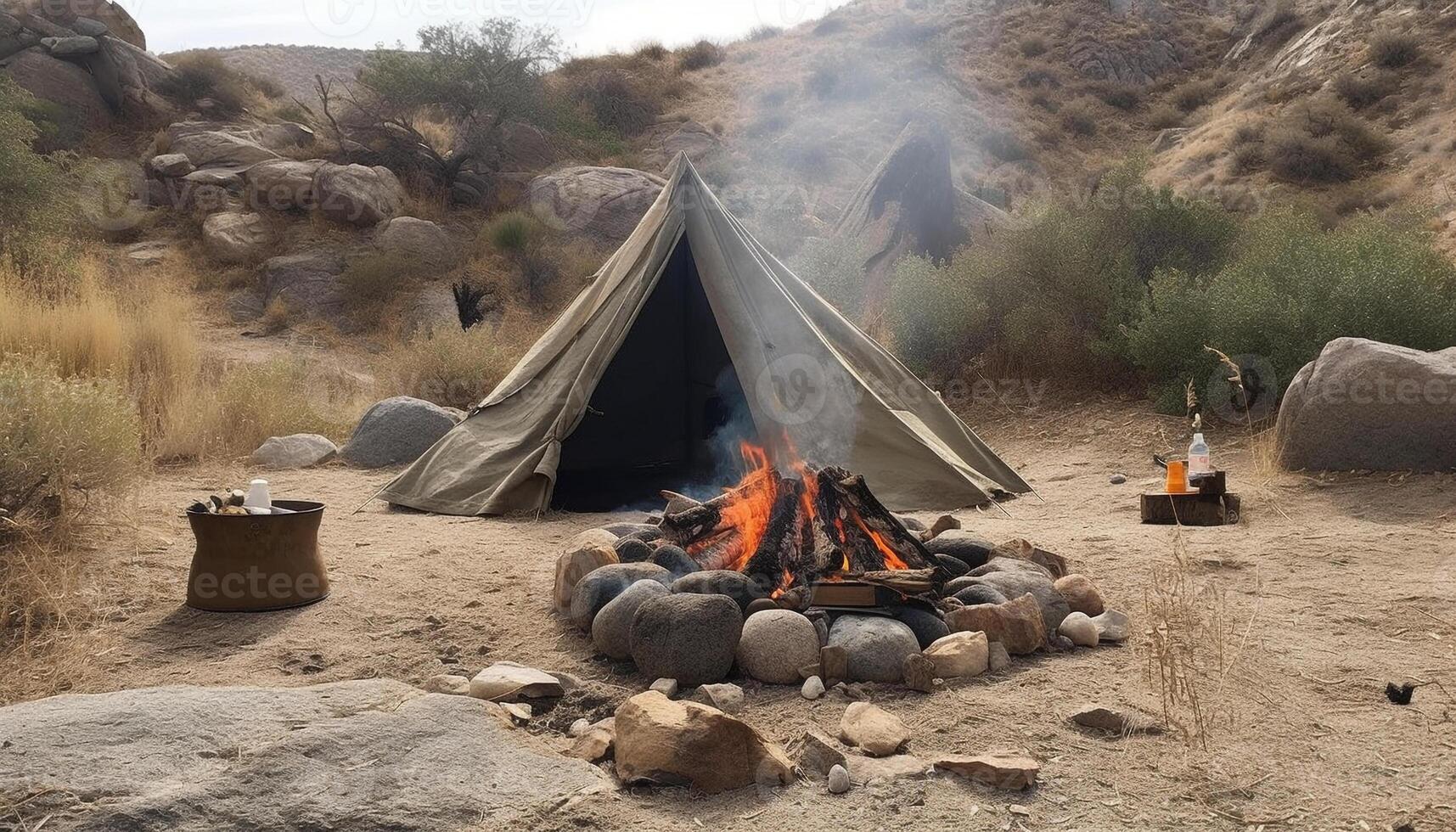 Campers sitting by fire, grilling food, enjoying nature generated by AI photo