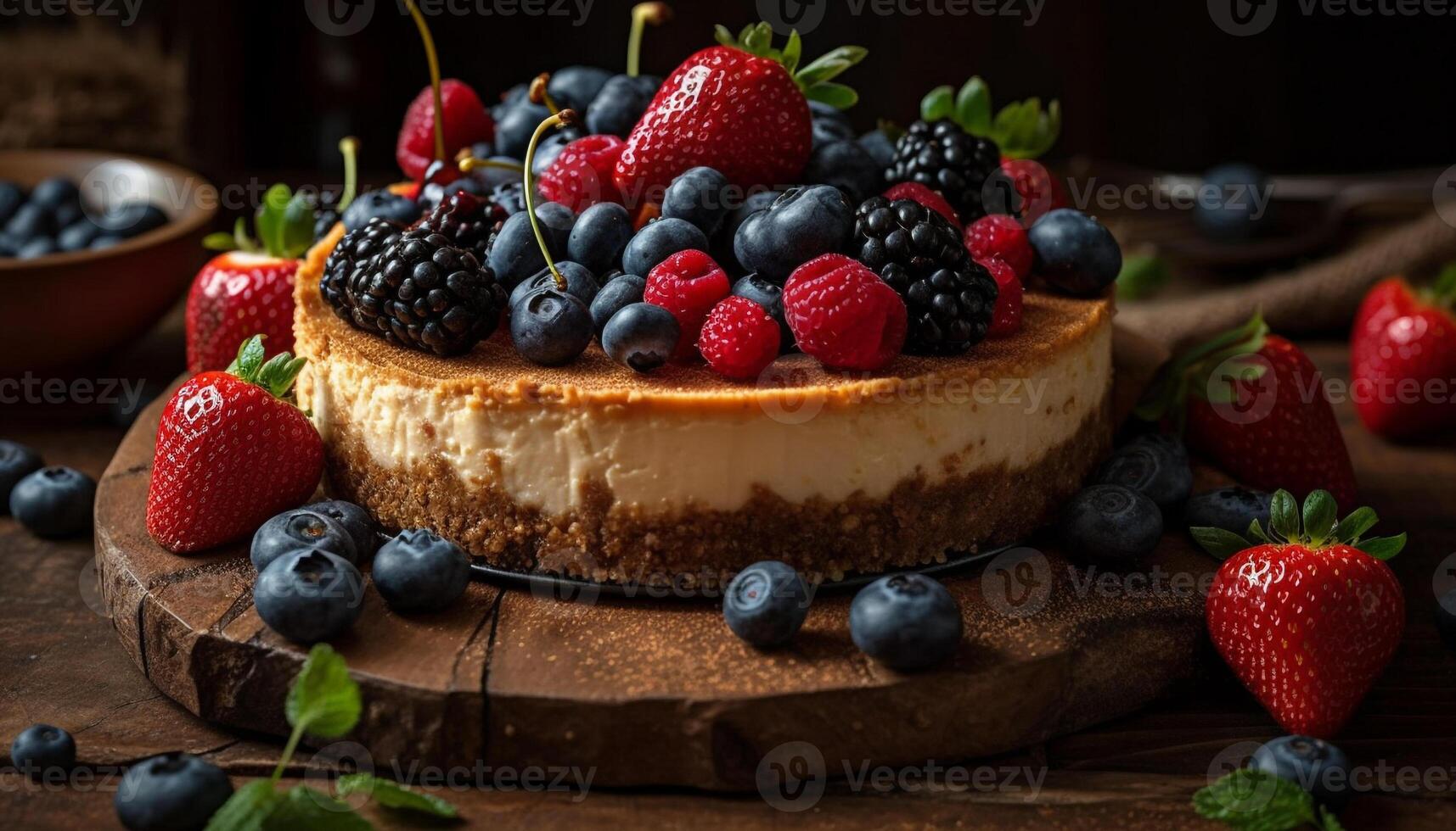 rústico hecho en casa baya tarta de queso en oscuro madera mesa generado por ai foto