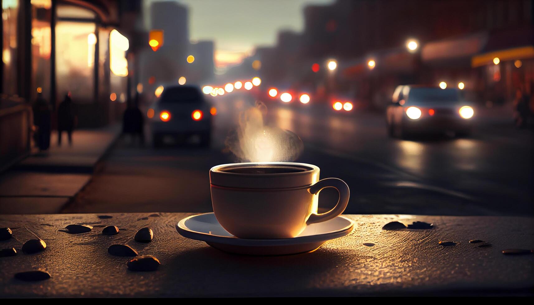Hot drinks blur in reflective city windows generated by AI photo
