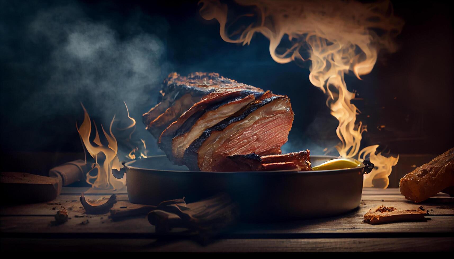Grilled pork steak on rustic picnic table generated by AI photo