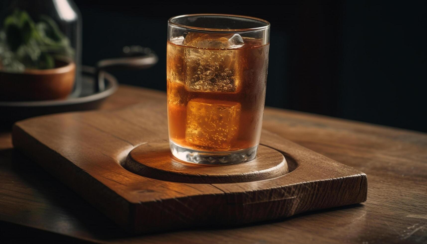 Refreshing ice cold drinks on wooden bar counter generated by AI photo