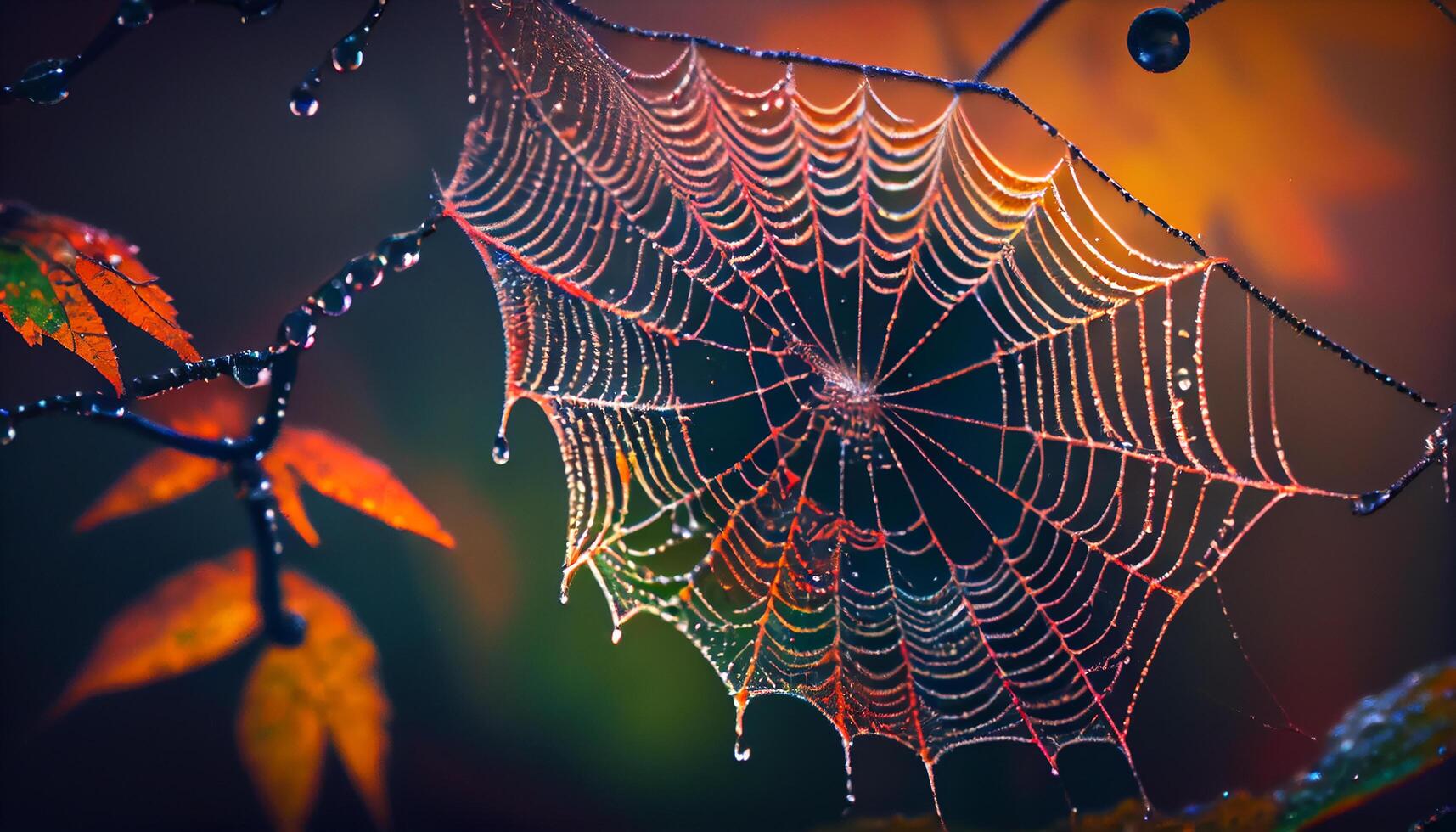 Multi colored spider web glistens with dew drops generated by AI photo