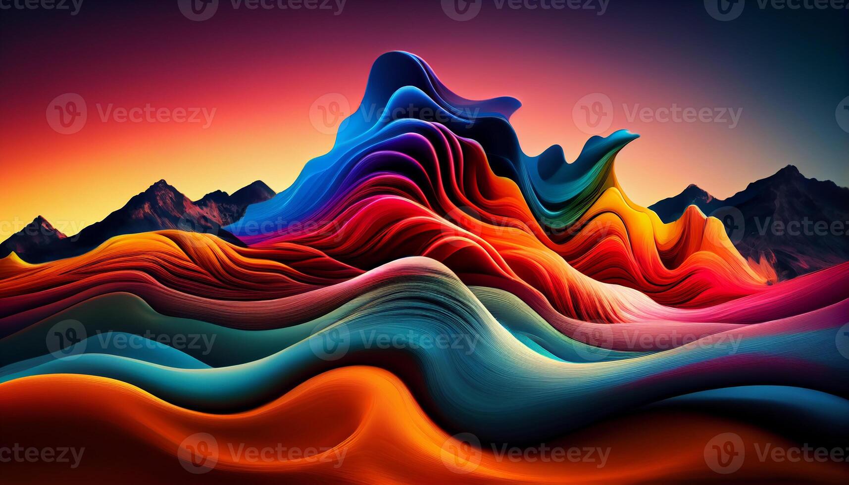 Smooth waves flow over abstract mountain landscape backdrop generated by AI photo