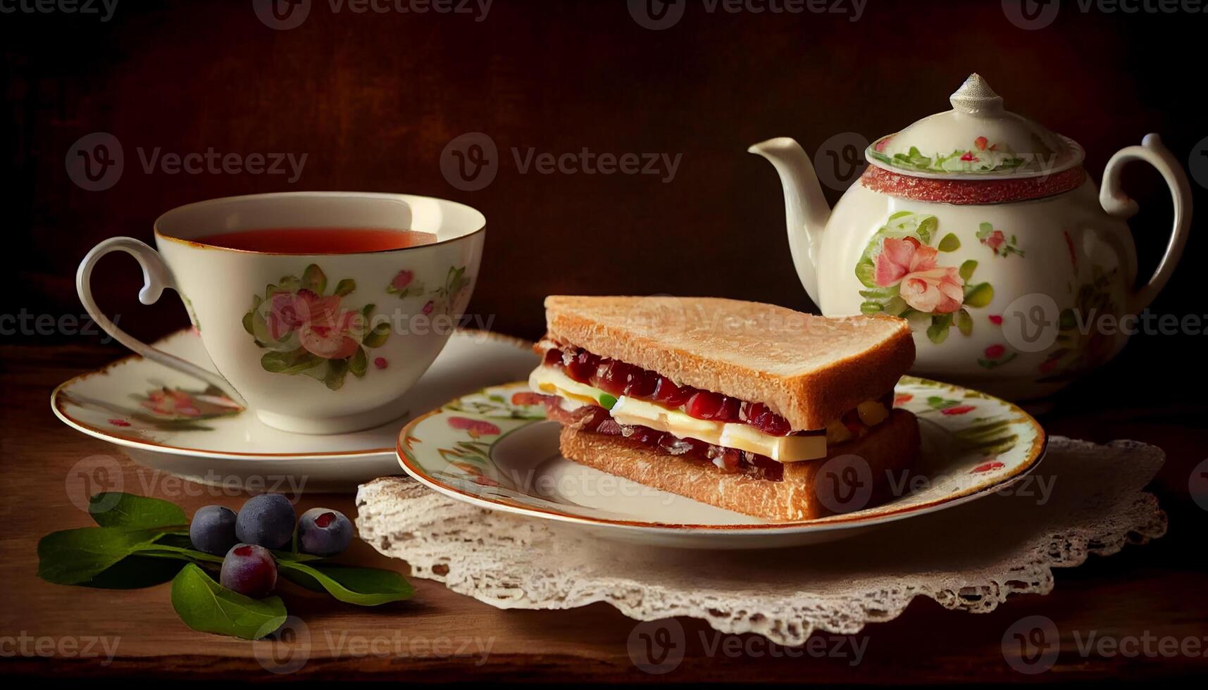 Homemade desserts and hot tea on wood table generated by AI photo