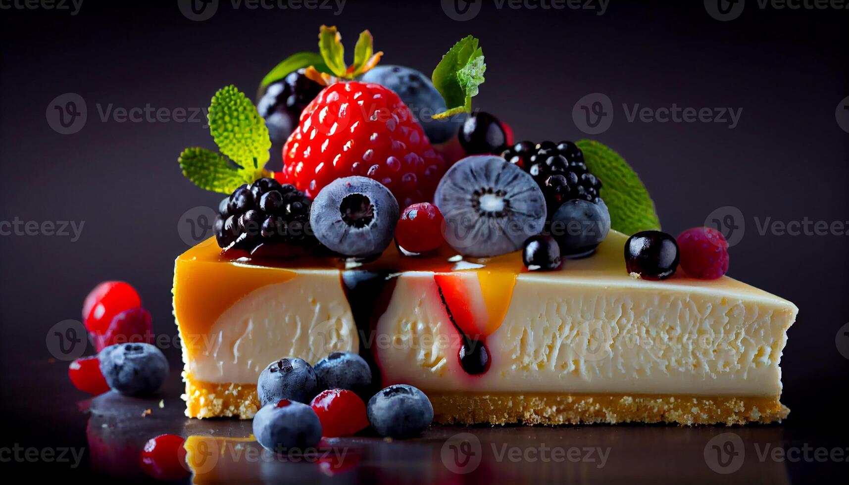 Sweet berry cheesecake slice with mint leaf decoration generated by AI photo