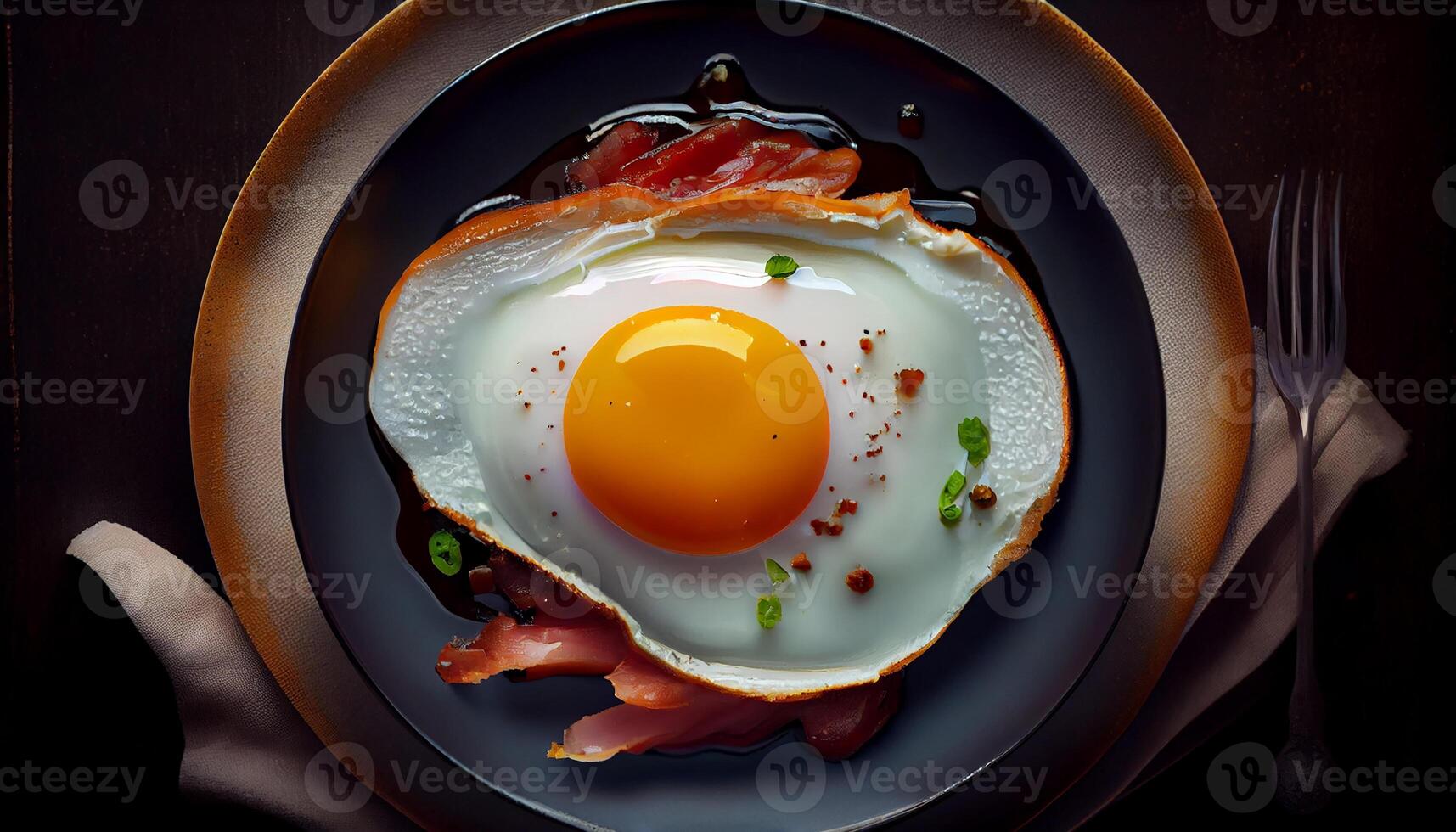 Freshly cooked meal, gourmet pork with fried egg generated by AI photo