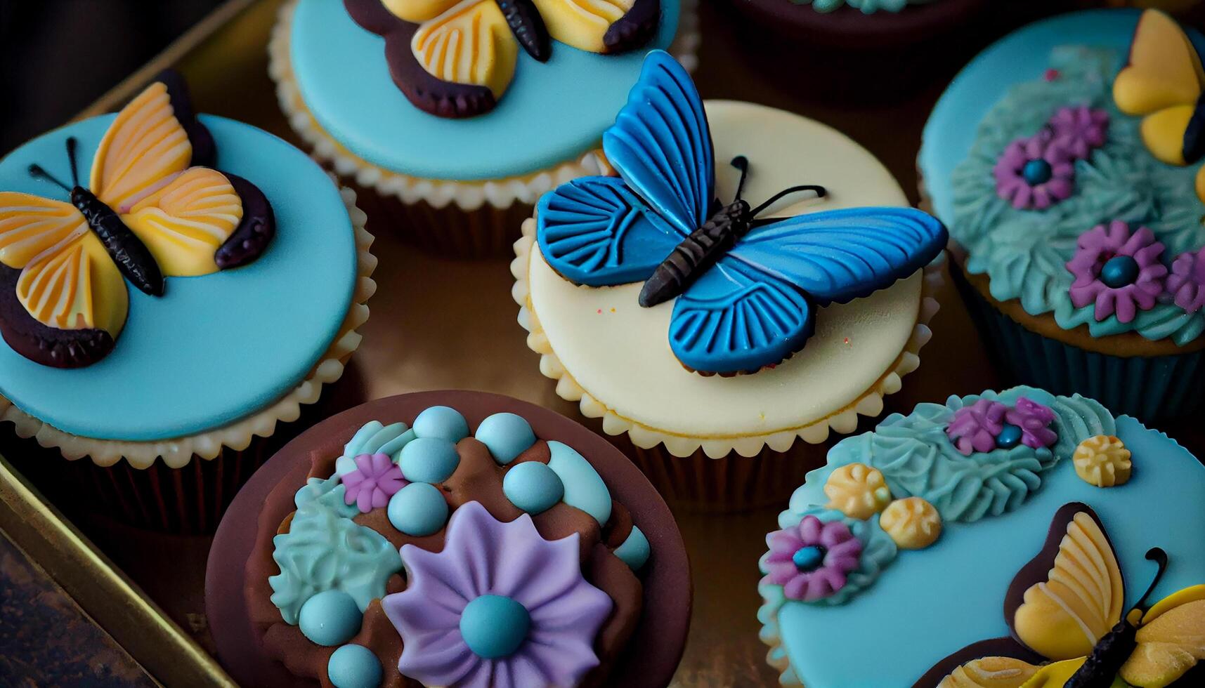 Blue background ornate, multi colored cupcakes in foreground generated by AI photo