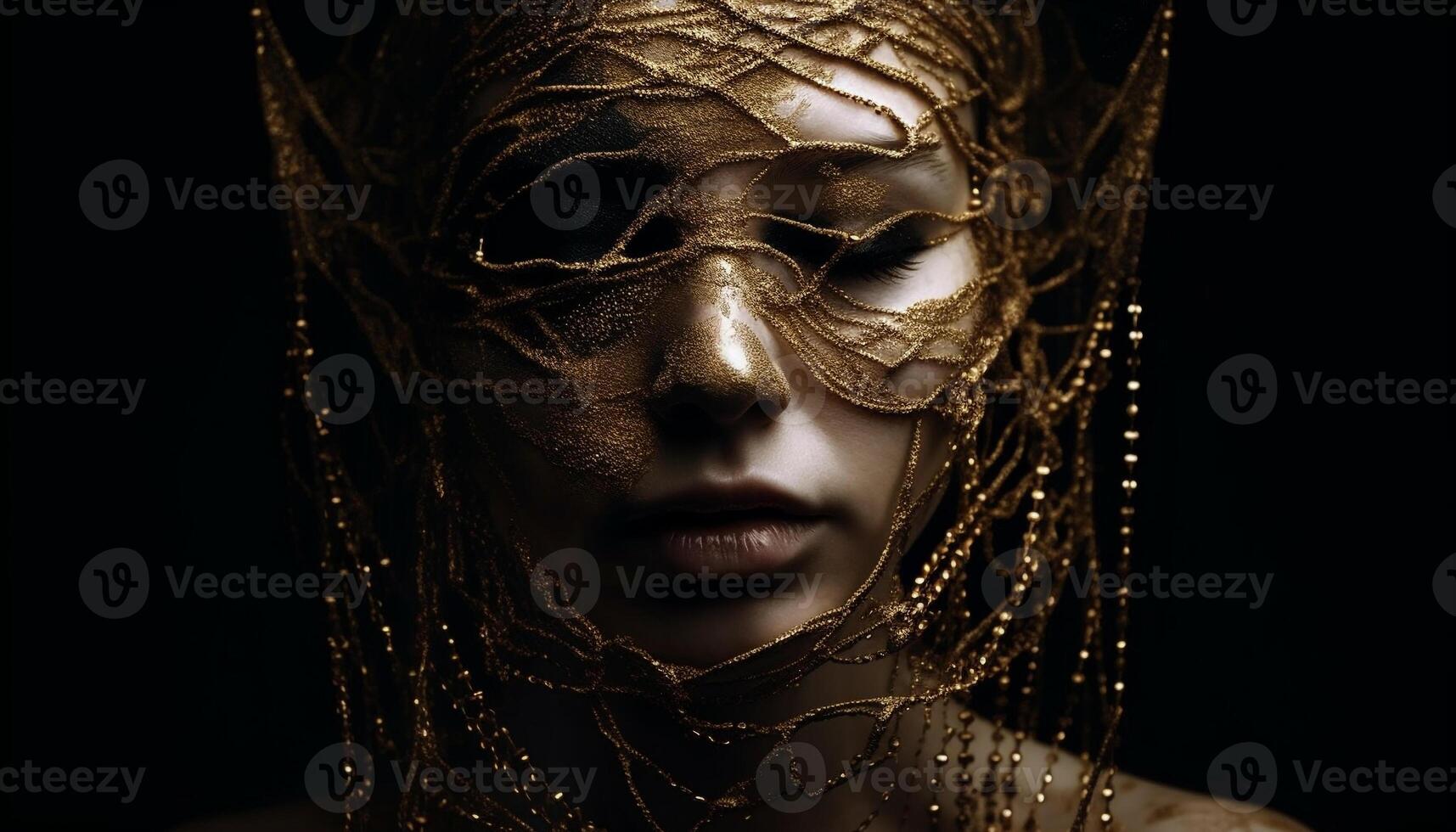 Glamorous young woman with gold mask fetish attire generated by AI photo