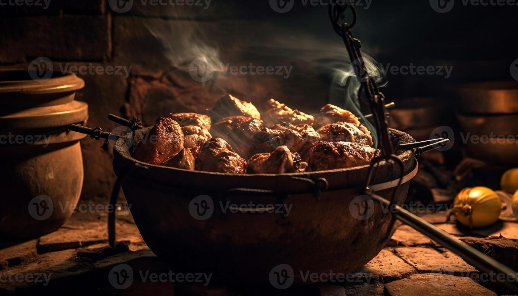 Grilled meat sizzles on campfire skewers outdoors generated by AI photo