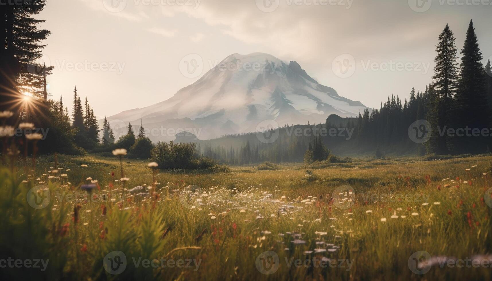 majestuoso montañas y campos de cierne flores silvestres generado por ai foto