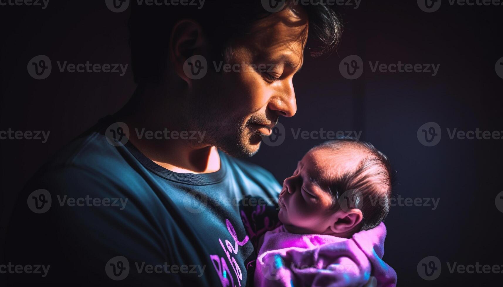 Father embracing newborn baby, pure love achieved generated by AI photo