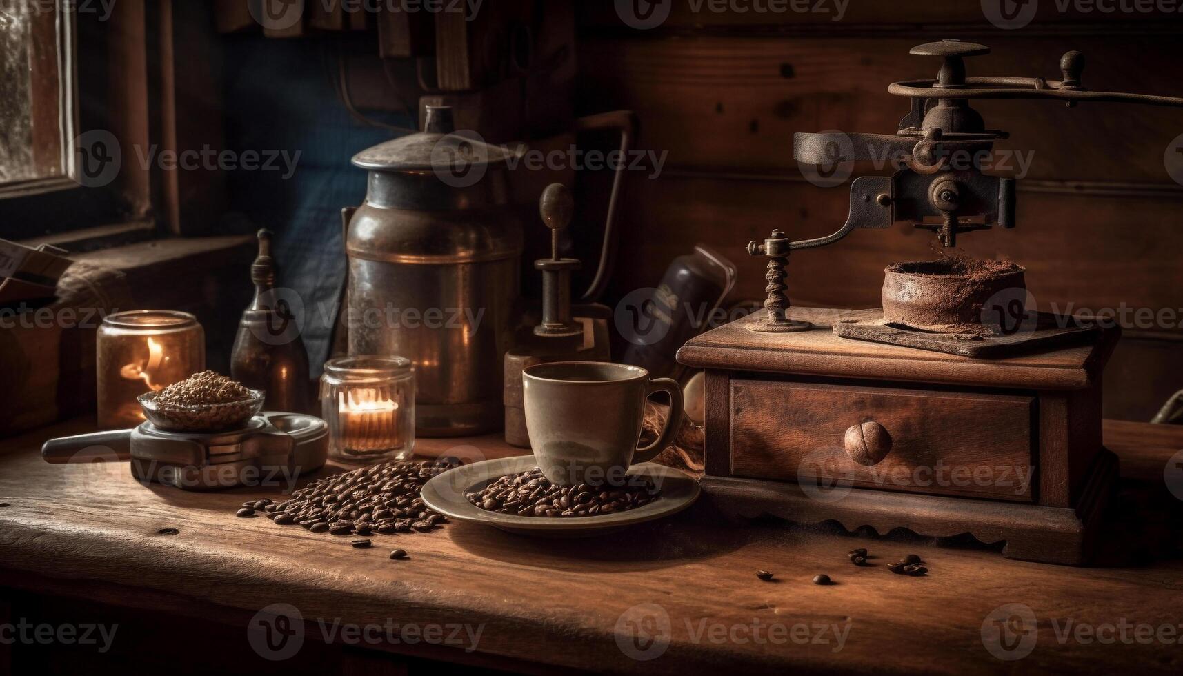 Rustic table holds antique coffee grinder close up generated by AI photo