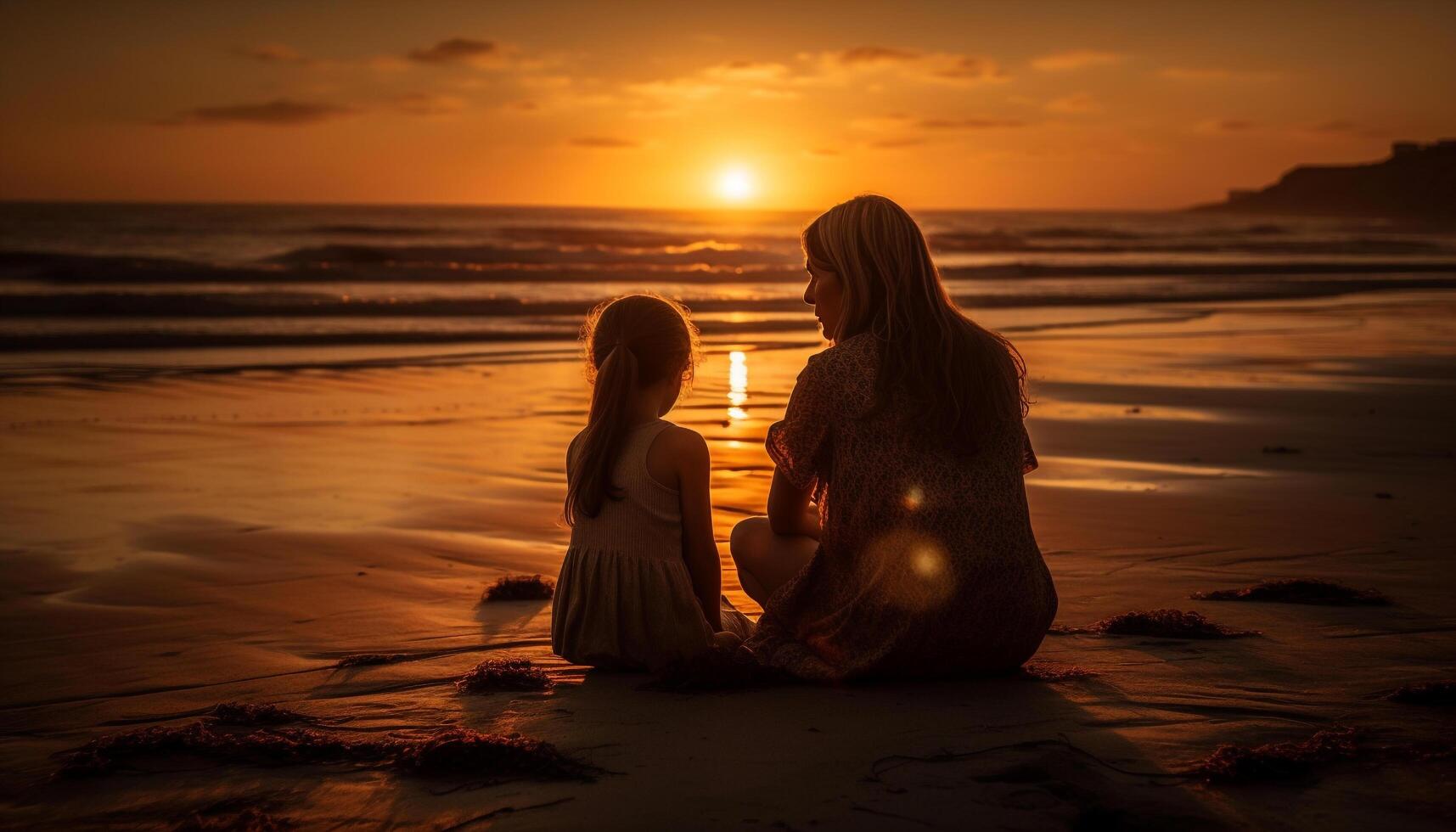 madre y hija en el playa generado por ai foto
