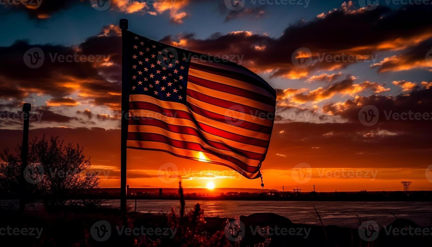 patriótico amanecer americano bandera en silueta paisaje generado por ai foto