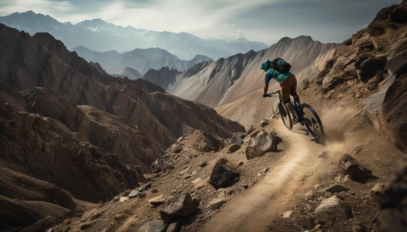 Men cycling mountain terrain, exploring nature beauty generated by AI photo