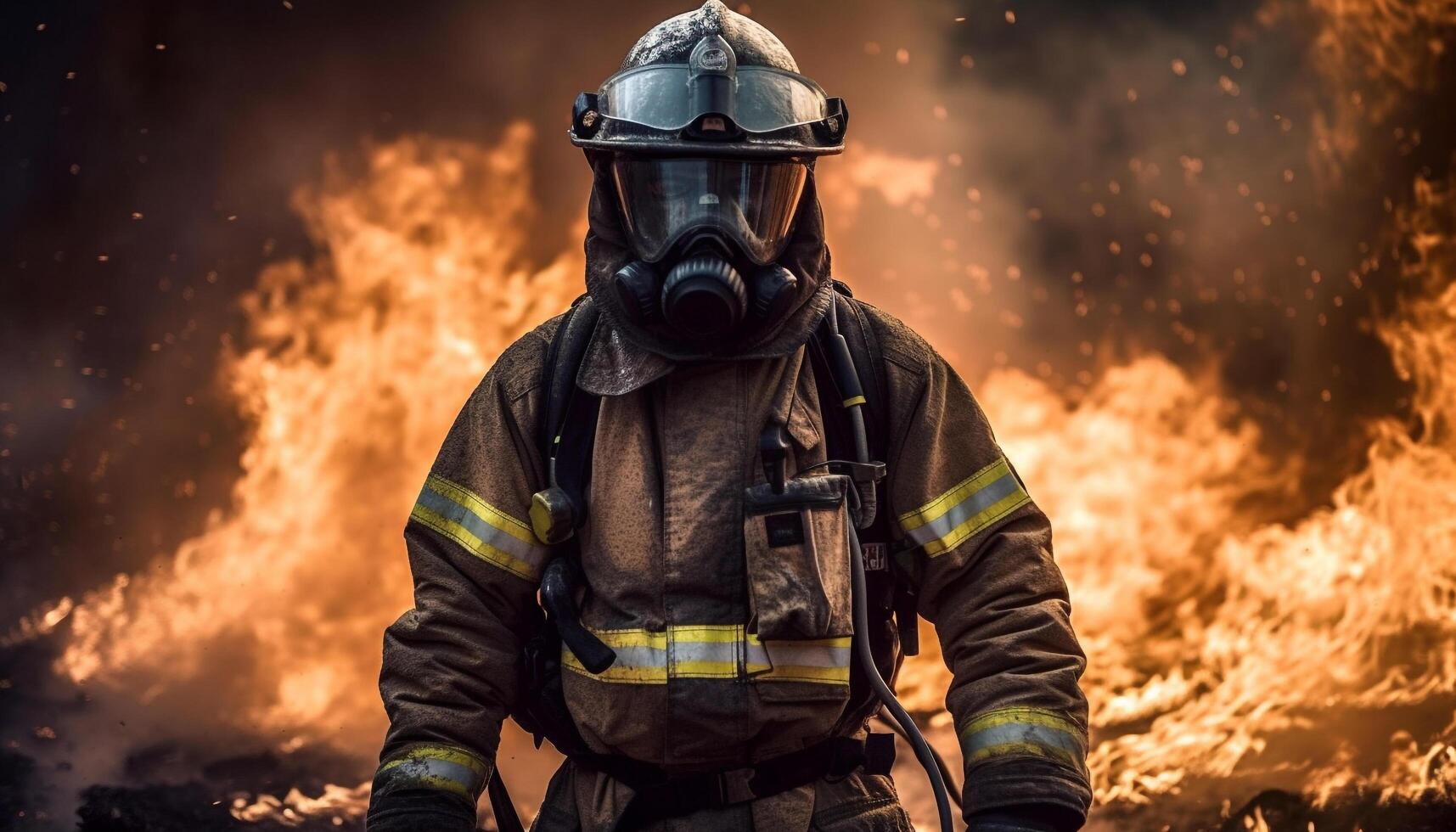 Firefighter in protective gear battles raging inferno generated by AI photo