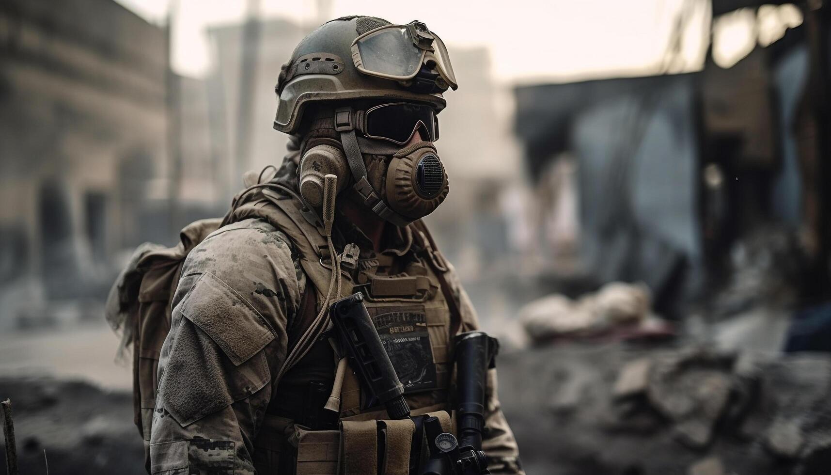 Army soldiers wearing protective masks and helmets aim generated by AI photo