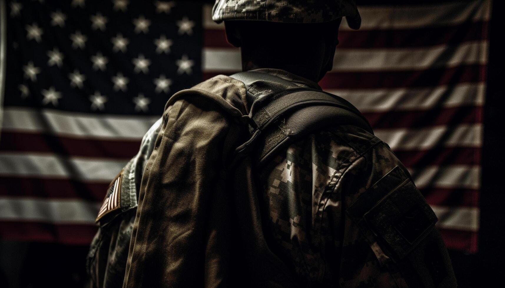 uno patriótico soldado saluda el americano bandera generado por ai foto