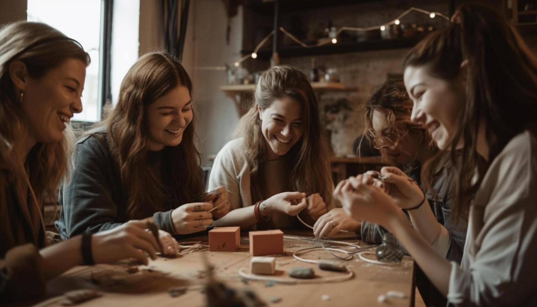 Young women smiling while enjoying craft workshop generated by AI photo
