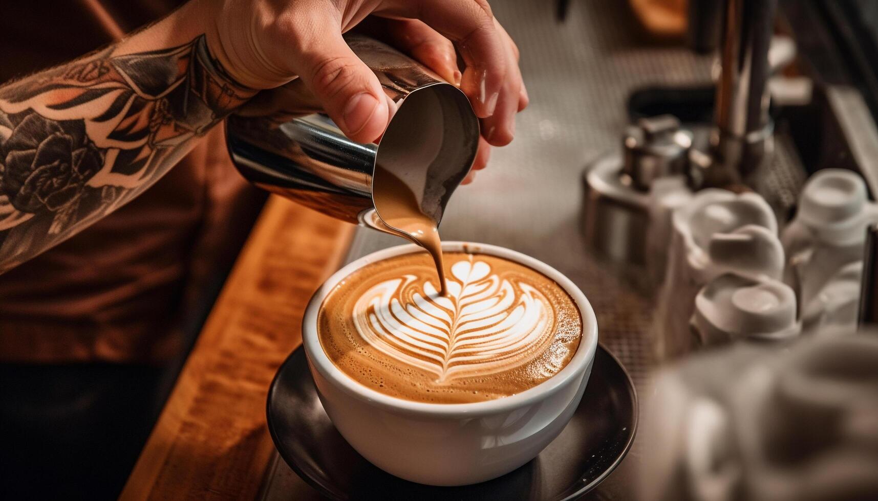 Frothy drinks pour from machinery in coffee shop generated by AI photo