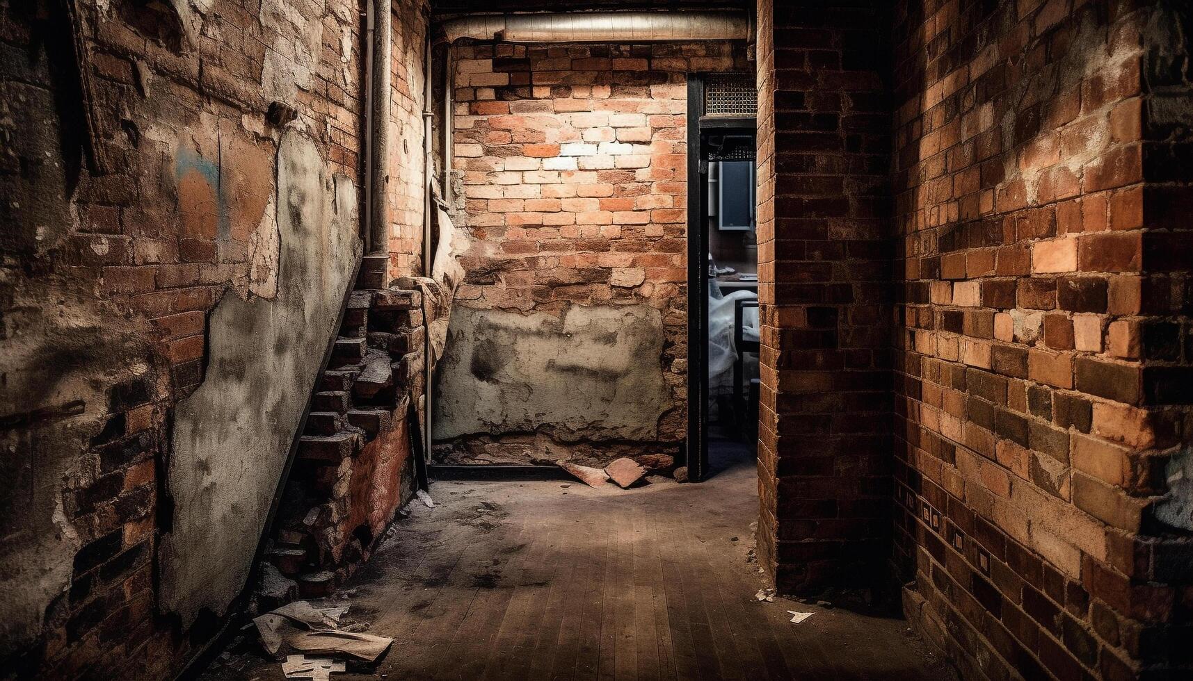 Dark, spooky hallway in abandoned old building generated by AI photo