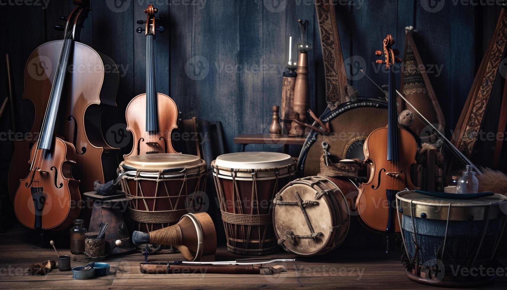 Musical instruments of old cultures on table generated by AI photo