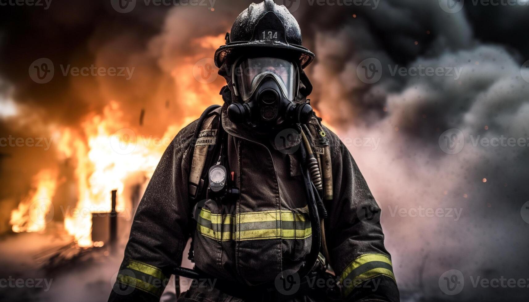 Firefighter in protective gear battles inferno destruction generated by AI photo