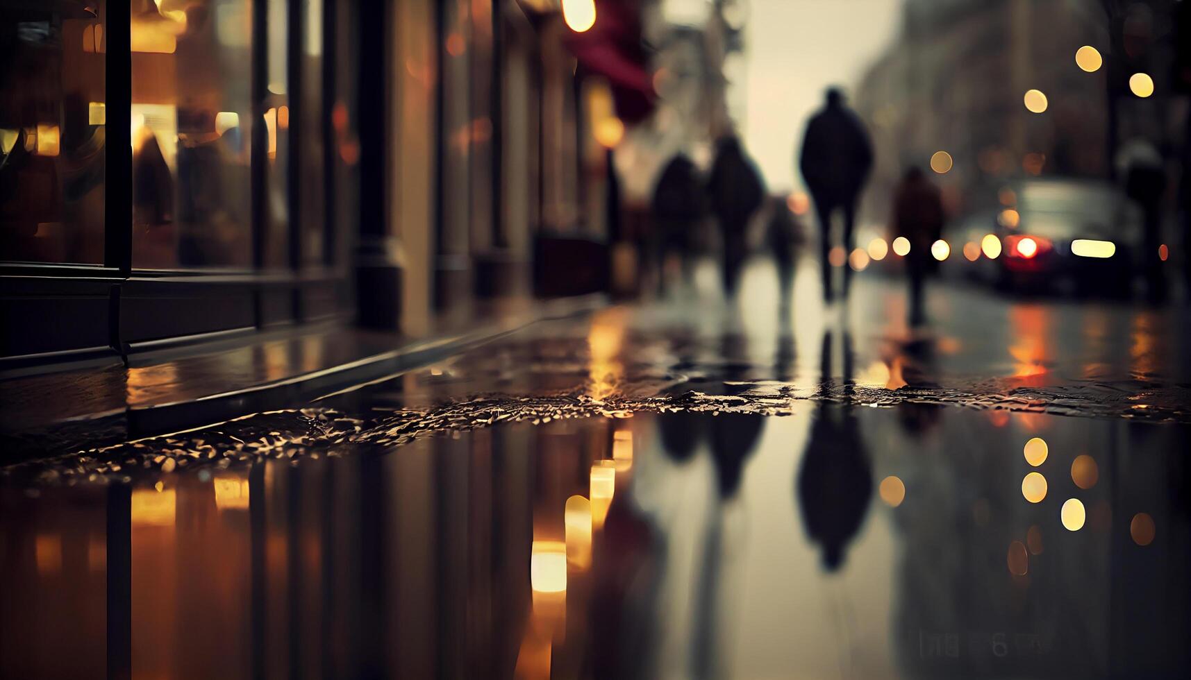 Walking towards a wet and blurred city generated by AI photo