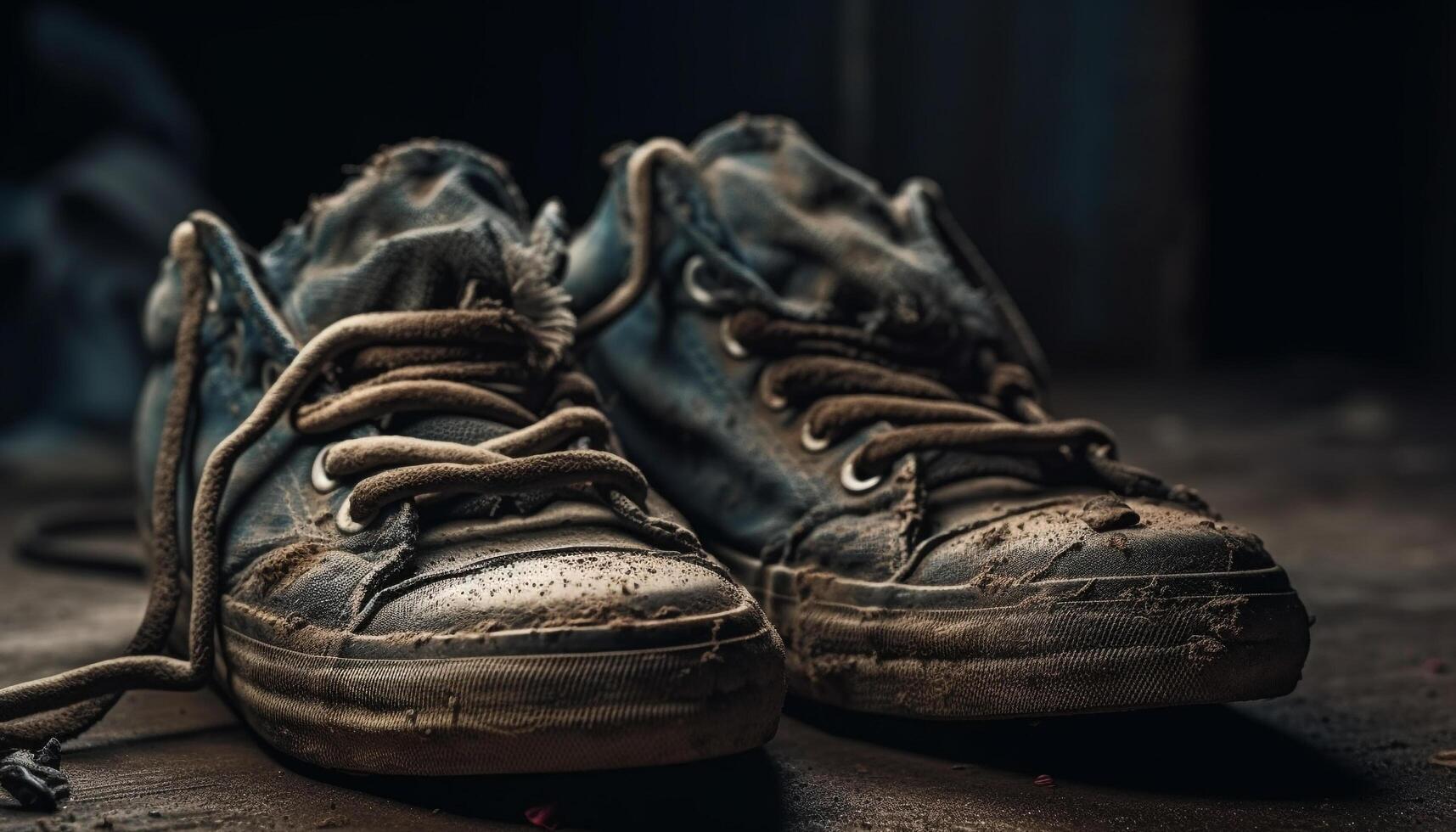 Old sport shoe lace undone on dirty wood generated by AI photo