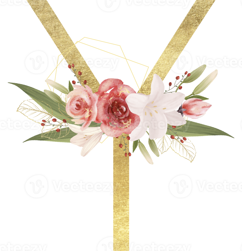 Alphabet and number gold watercolor, Wedding flower letter png