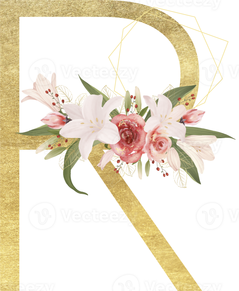 Alphabet and number gold watercolor, Wedding flower letter png