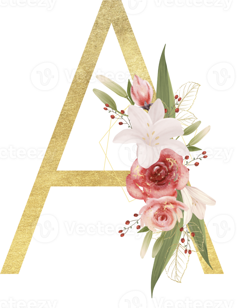 Alphabet and number gold watercolor, Wedding flower letter png