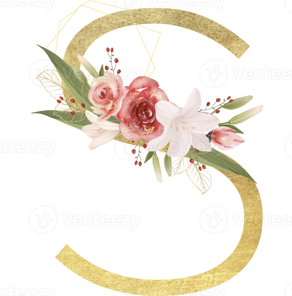 Alphabet and number gold watercolor, Wedding flower letter png