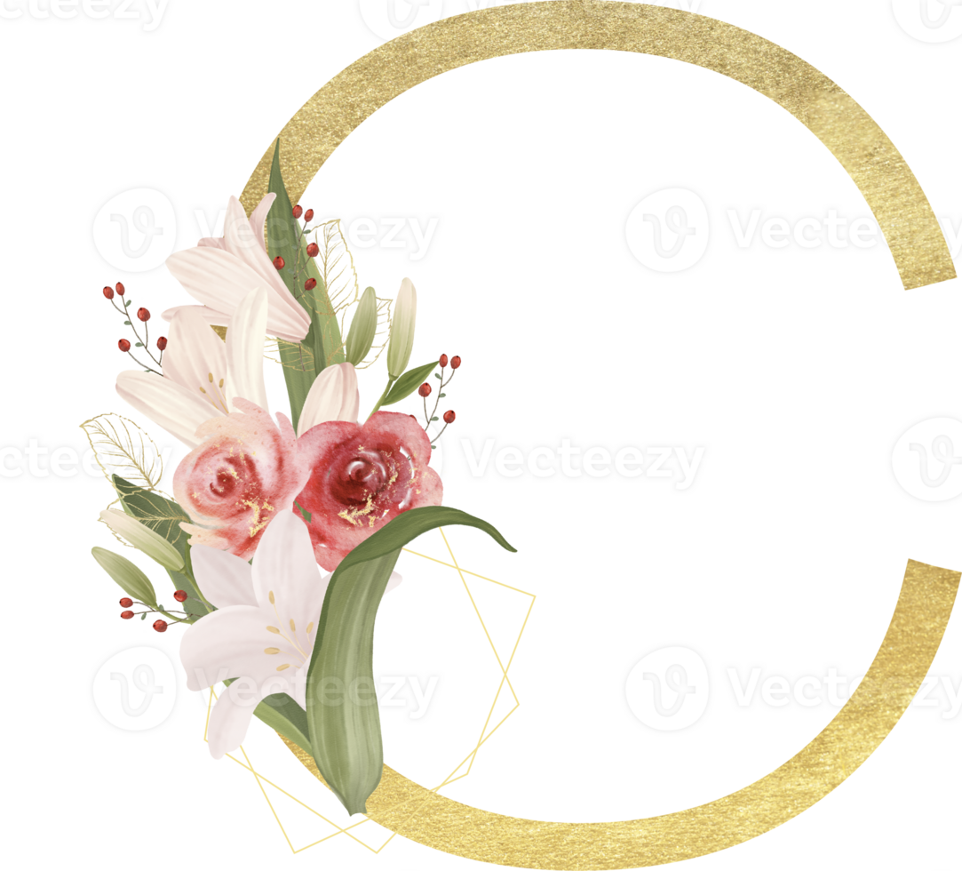 Alphabet and number gold watercolor, Wedding flower letter png