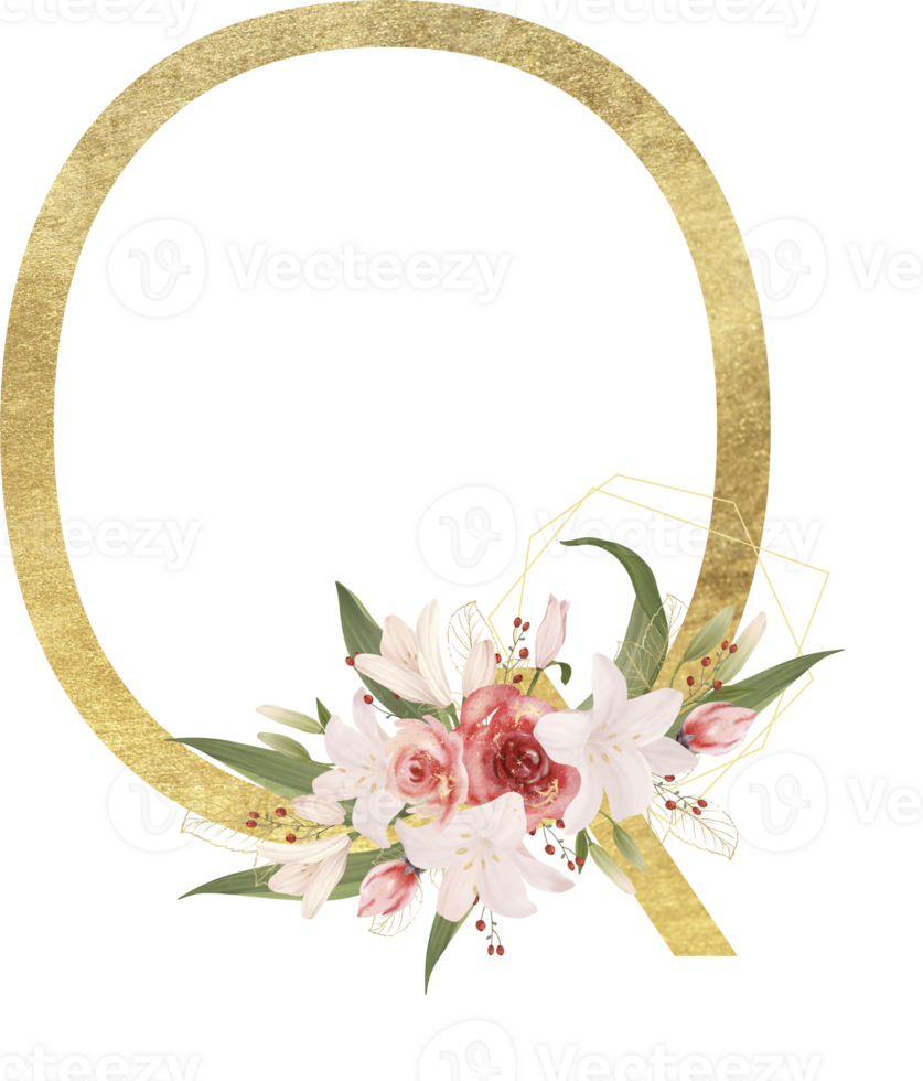 Alphabet and number gold watercolor, Wedding flower letter png