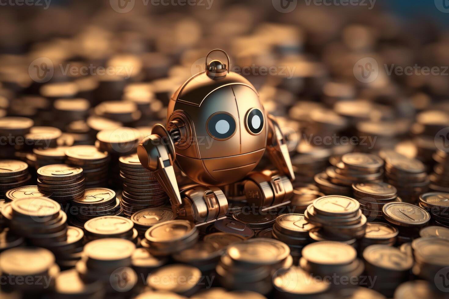 pile of cooper coins robot symbol on the coins side background 24656554