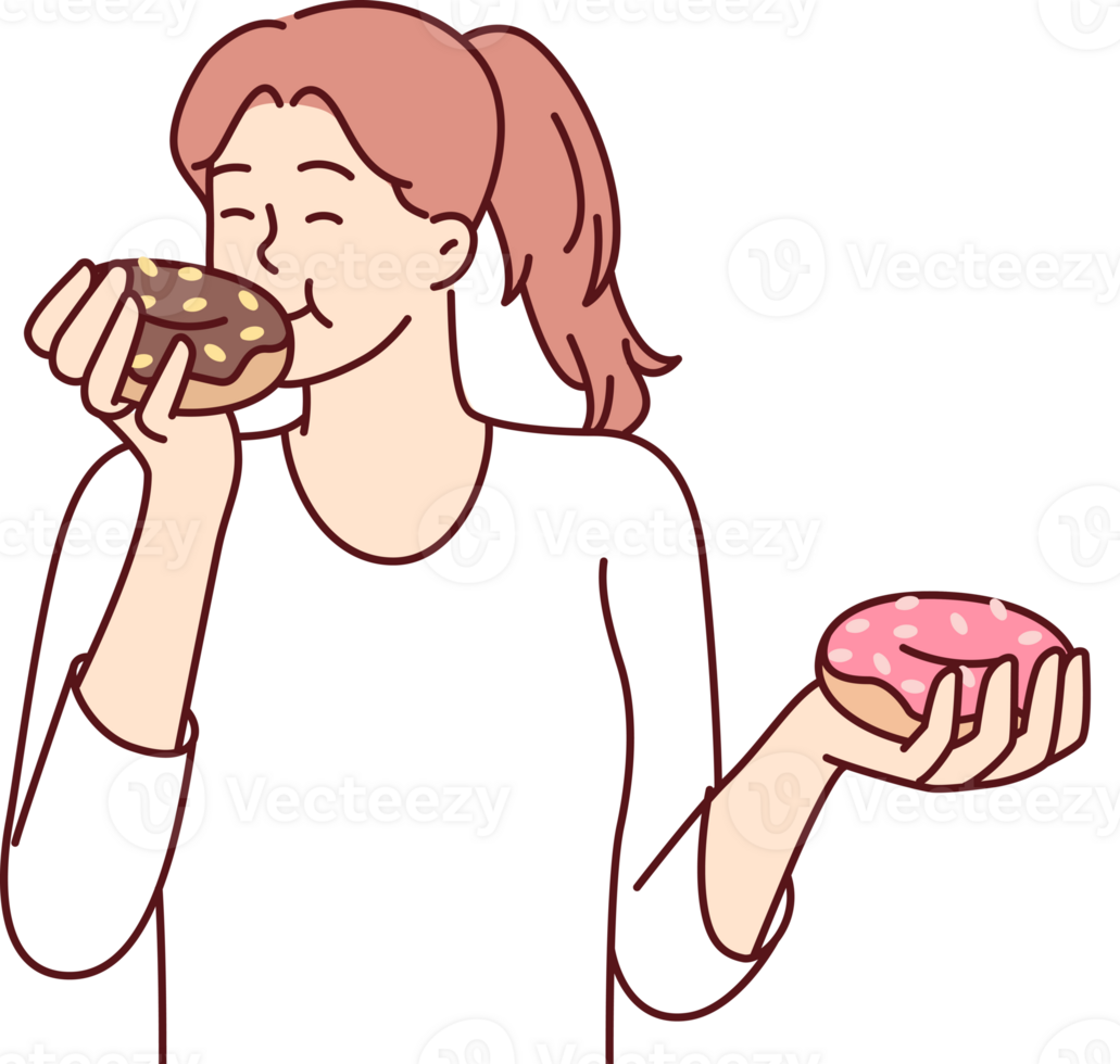Satisfied beautiful girl eats donuts bought in store with fresh pastries and sweet desserts png