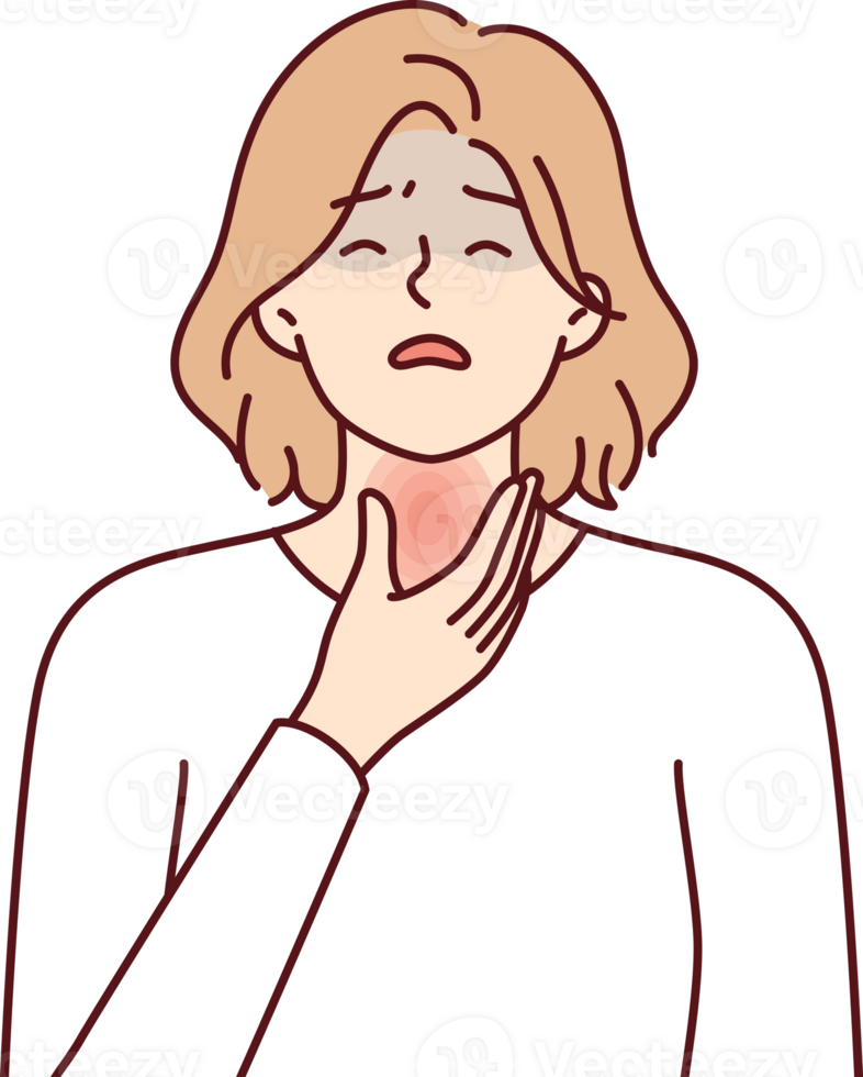 Woman is experiencing thyroid pain associated with hypothyroidism puts hand on red neck png