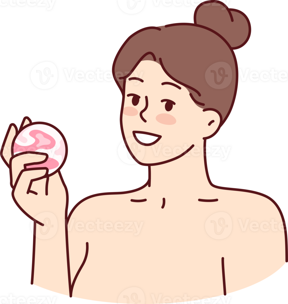 Woman with bath bomb in hands smiles as she prepares to take bath with aromatic substances png